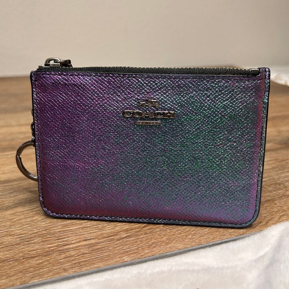Coach Purple HOLOGRAM Crossgrain Leather Mini Skinny Card Case W/Keychain Wallet